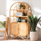 bali & pari Noreen Peacock Fan Natural Rattan Cabinet - Handcrafted Rattan Pole Hutch with Woven Doors and Shelves, Boho Coastal Accent Shelving and Display Unit