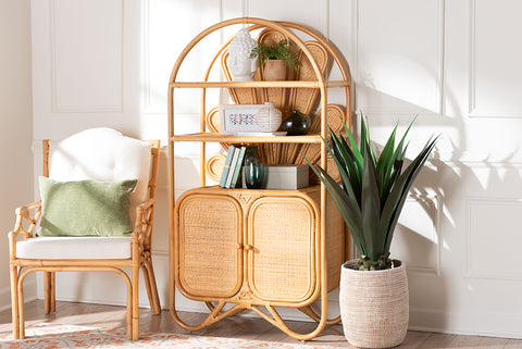 bali & pari Noreen Peacock Fan Natural Rattan Cabinet - Handcrafted Rattan Pole Hutch with Woven Doors and Shelves, Boho Coastal Accent Shelving and Display Unit