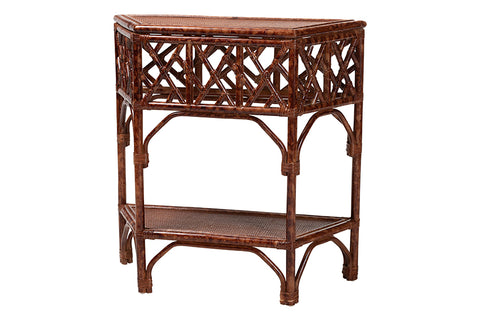 bali & pari Gaspar Marbled Tortoise Natural Rattan Console Table - Handcrafted Accent Table with Chippendale Design, Coastal Tropical Style for Entryway, Hallway, or Living Room