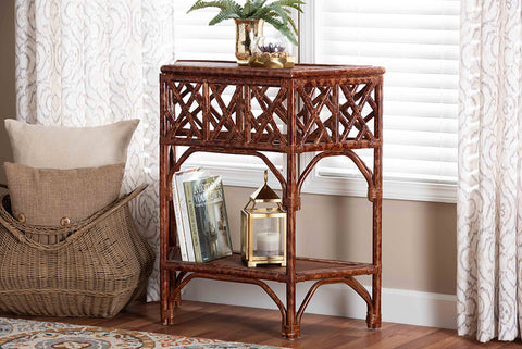 bali & pari Gaspar Marbled Tortoise Natural Rattan Console Table - Handcrafted Accent Table with Chippendale Design, Coastal Tropical Style for Entryway, Hallway, or Living Room