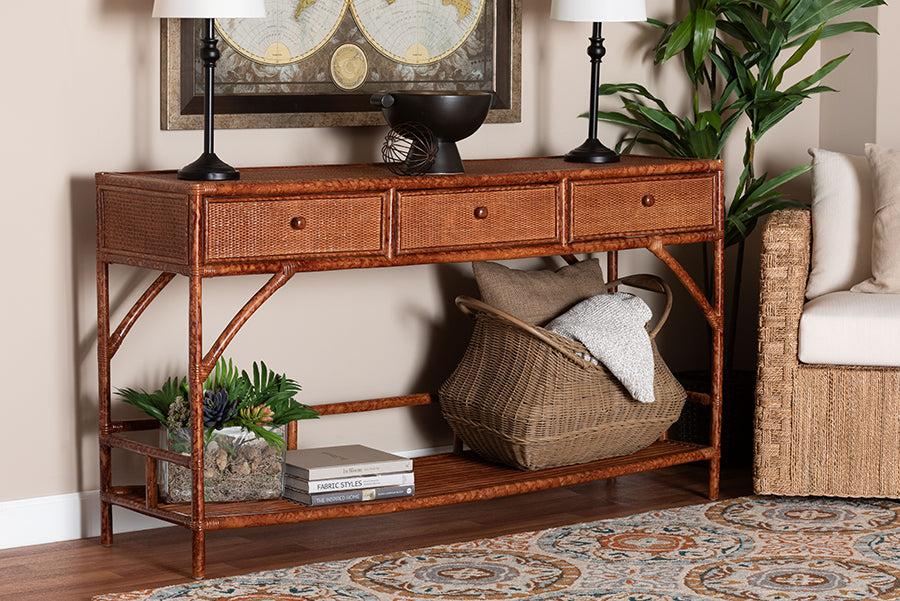 bali & pari Brier Marbled Tortoise Natural Rattan Console Table - Handcrafted Accent Table with 3-Drawers and Lower Shelf, Coastal Boho Style for Entryway, Hallway, or Living Room