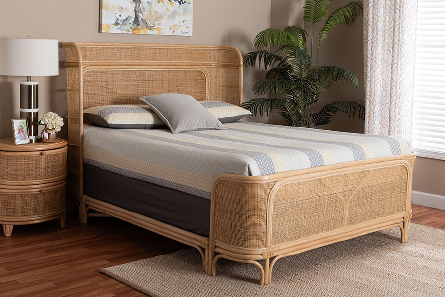 bali & pari Fiore Natural Rattan Bed Frame - Handwoven Wicker Headboard and Footboard with Curved Corners, Boho Coastal Natural Bedroom Furniture, Queen