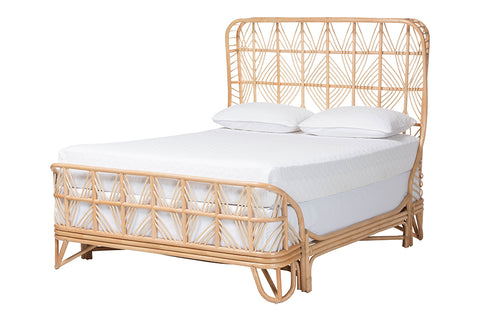 bali & pari Hadley Natural Rattan Bed Frame with Openwork Geometry Headboard and Footboard, Tropical Coastal Boho Bedroom Furniture, Queen