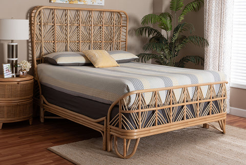 bali & pari Hadley Natural Rattan Bed Frame with Openwork Geometry Headboard and Footboard, Tropical Coastal Boho Bedroom Furniture, Queen