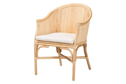 bali & pari Hollis Natural Rattan Barrel Chair with Cushion - Handcrafted Accent Armchair with Laminated Rattan Pole Back, Coastal Boho Seating for Living Room or Bedroom