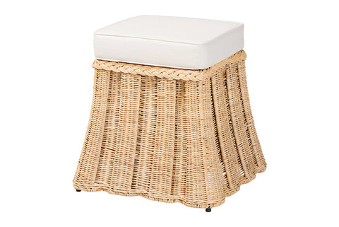 bali & pari Rotem Natural Rattan Ottoman with Cushion - Handwoven Wicker Pleated Skirt Accent Coffee Table or Extra Seating for Living Room or Sunroom, Small