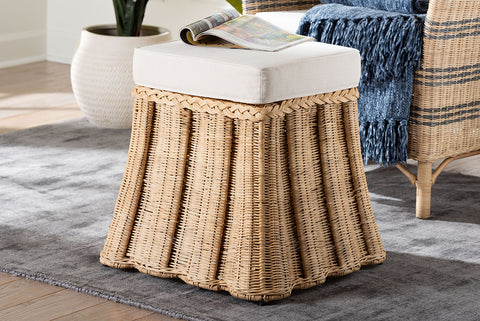 bali & pari Rotem Natural Rattan Ottoman with Cushion - Handwoven Wicker Pleated Skirt Accent Coffee Table or Extra Seating for Living Room or Sunroom, Small