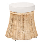 bali & pari Ying Round Natural Rattan Ottoman with Cushion - Handwoven Wicker Pleated Skirt Accent Coffee Table or Extra Seating for Living Room or Sunroom, Small