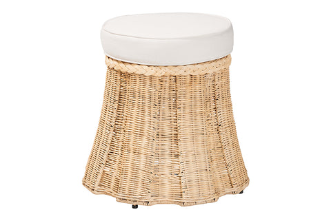 bali & pari Ying Round Natural Rattan Ottoman with Cushion - Handwoven Wicker Pleated Skirt Accent Coffee Table or Extra Seating for Living Room or Sunroom, Small
