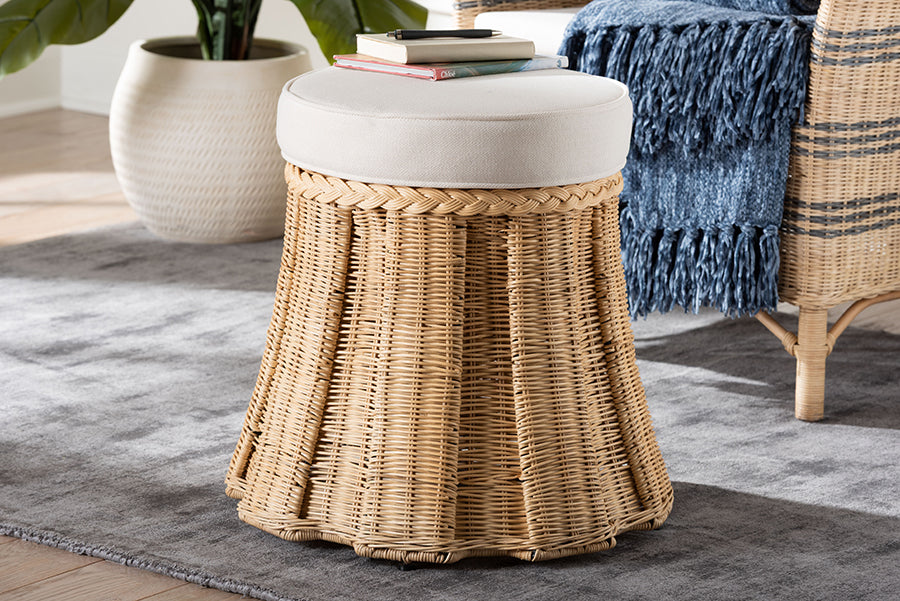 bali & pari Ying Round Natural Rattan Ottoman with Cushion - Handwoven Wicker Pleated Skirt Accent Coffee Table or Extra Seating for Living Room or Sunroom, Small