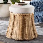 bali & pari Ying Round Natural Rattan Ottoman with Cushion - Handwoven Wicker Pleated Skirt Accent Coffee Table or Extra Seating for Living Room or Sunroom, Small