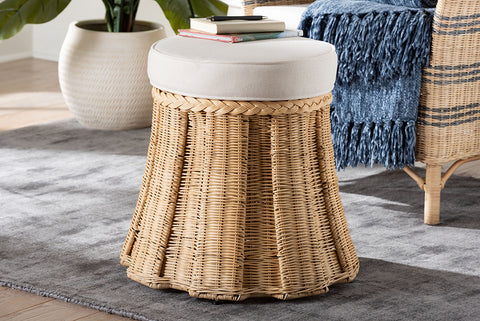 bali & pari Ying Round Natural Rattan Ottoman with Cushion - Handwoven Wicker Pleated Skirt Accent Coffee Table or Extra Seating for Living Room or Sunroom, Small