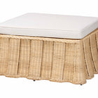 bali & pari Rotem Natural Rattan Ottoman with Cushion - Handwoven Wicker Pleated Skirt Accent Coffee Table or Extra Seating for Living Room or Sunroom, Large