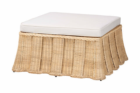 bali & pari Rotem Natural Rattan Ottoman with Cushion - Handwoven Wicker Pleated Skirt Accent Coffee Table or Extra Seating for Living Room or Sunroom, Large