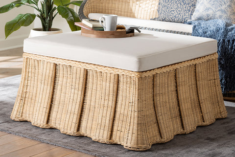 bali & pari Rotem Natural Rattan Ottoman with Cushion - Handwoven Wicker Pleated Skirt Accent Coffee Table or Extra Seating for Living Room or Sunroom, Large