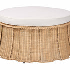 bali & pari Ying Round Natural Rattan Ottoman with Cushion - Handwoven Wicker Pleated Skirt Accent Coffee Table or Extra Seating for Living Room or Sunroom, Large