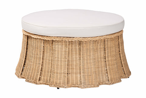 bali & pari Ying Round Natural Rattan Ottoman with Cushion - Handwoven Wicker Pleated Skirt Accent Coffee Table or Extra Seating for Living Room or Sunroom, Large