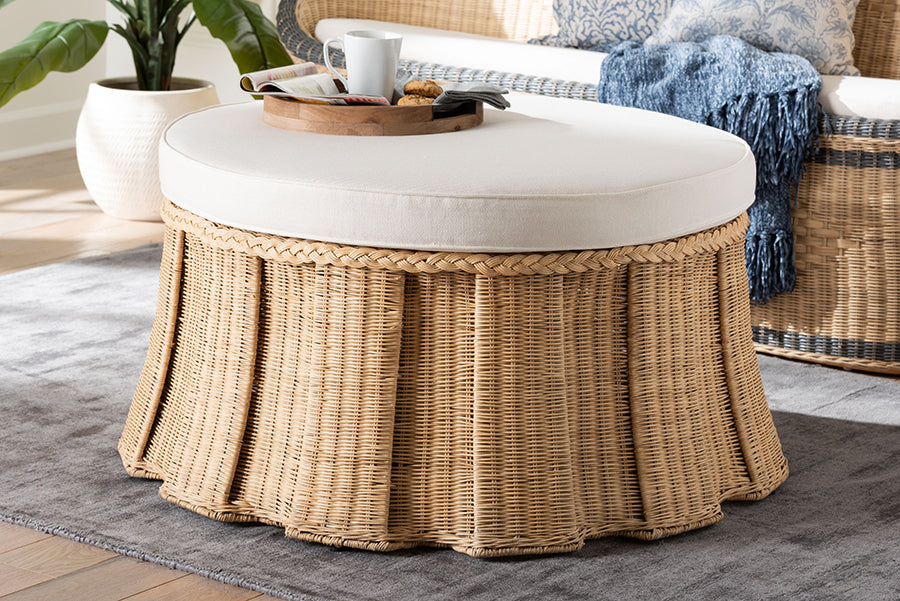 bali & pari Ying Round Natural Rattan Ottoman with Cushion - Handwoven Wicker Pleated Skirt Accent Coffee Table or Extra Seating for Living Room or Sunroom, Large