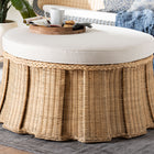 bali & pari Ying Round Natural Rattan Ottoman with Cushion - Handwoven Wicker Pleated Skirt Accent Coffee Table or Extra Seating for Living Room or Sunroom, Large