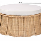 bali & pari Ying Round Natural Rattan Ottoman with Cushion - Handwoven Wicker Pleated Skirt Accent Coffee Table or Extra Seating for Living Room or Sunroom, Large