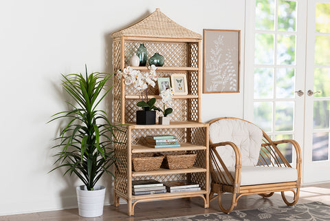 bali & pari Adonis Natural Rattan Display Shelf - Freestanding 6-Tier bookcase with Pagoda Top, Coastal Boho Storage Organizer