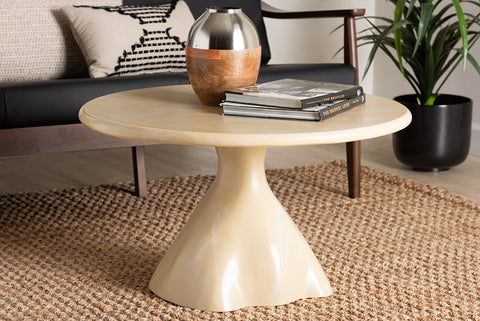 bali & pari Aponi Marbled Resin Coffee Table - Sculptural Center Table with Round Top and Pedestal Base, Modern Contemporary Statement Furniture, Cream