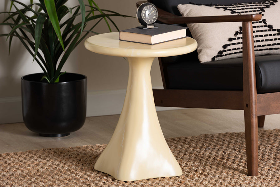 bali & pari Aponi Marbled Resin End Table - Sculptural Side Table with Round Top and Pedestal Base, Modern Contemporary Statement Furniture, Cream