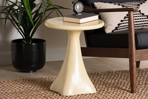 bali & pari Aponi Marbled Resin End Table - Sculptural Side Table with Round Top and Pedestal Base, Modern Contemporary Statement Furniture, Cream