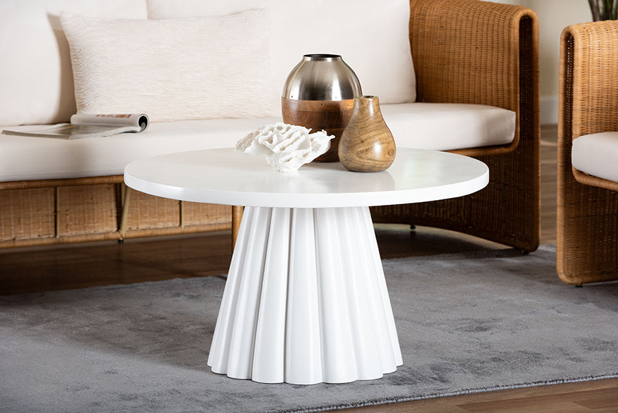 bali & pari Parvana Round Coffee Table with Fluted Pedestal Base - Contemporary White Resin Accent Table for Living Room