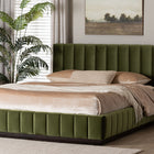 Baxton Studio Granger Velvet Upholstered Platform Bed with Channel Tufted Headboard, Modern Low Profile Bed Frame, Moss Green, Queen