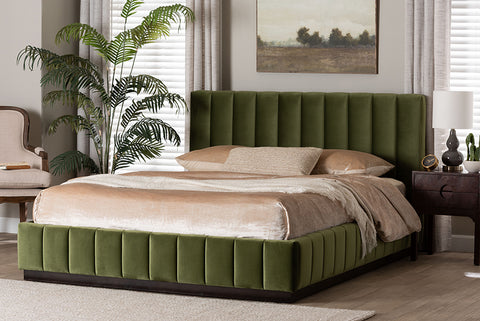 Baxton Studio Granger Velvet Upholstered Platform Bed with Channel Tufted Headboard, Modern Low Profile Bed Frame, Moss Green, Queen