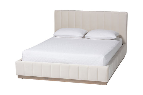Baxton Studio Granger Velvet Upholstered Platform Bed with Channel Tufted Headboard, Modern Low Profile Bed Frame, Alabaster White, Queen