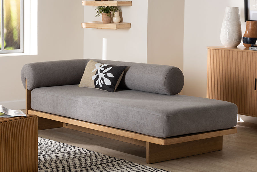 Baxton Studio Bertille Left-Arm Chaise Lounge with Solid Wood Base - Minimalist Sofa Daybed with Grey Fabric Cushion and Bolster Pillow for Living Room or Bedroom Decor
