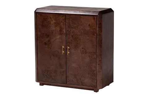 bali & pari Valora Real Burl Wood Storage Cabinet in Dark Walnut Brown - Modern Accent Cupboard with Double Doors and Brass Handles, Elegant Sideboard for Living Room, Entryway or Dining Area