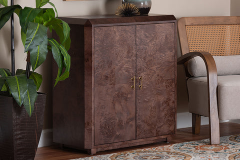 bali & pari Valora Real Burl Wood Storage Cabinet in Dark Walnut Brown - Modern Accent Cupboard with Double Doors and Brass Handles, Elegant Sideboard for Living Room, Entryway or Dining Area