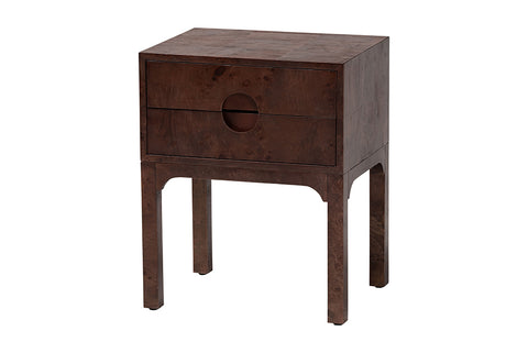 bali & pari Kayla Real Burl Wood Nightstand in Dark Walnut Brown - Modern Bedside Table with Two Drawers and Cutout Handle Design
