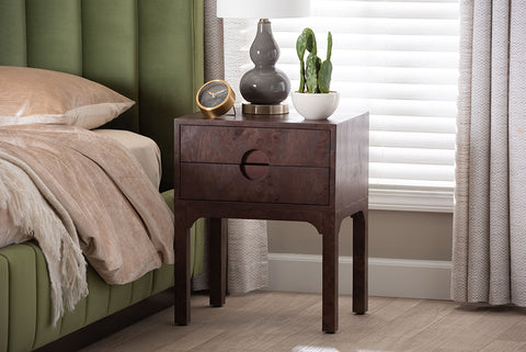 bali & pari Kayla Real Burl Wood Nightstand in Dark Walnut Brown - Modern Bedside Table with Two Drawers and Cutout Handle Design