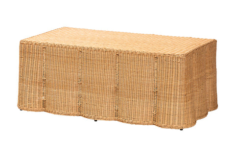 bali & pari Palm Scalloped Rattan Coffee Table - Handwoven Wicker Rectangle Accent Table for Living Room, Patio or Sunroom, Coastal Boho Style, Light Honey
