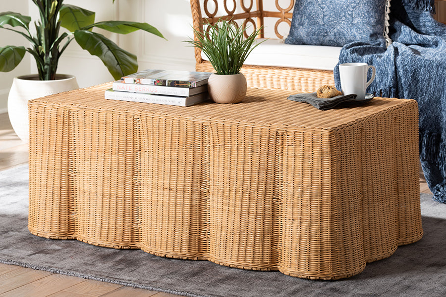 bali & pari Palm Scalloped Rattan Coffee Table - Handwoven Wicker Rectangle Accent Table for Living Room, Patio or Sunroom, Coastal Boho Style, Light Honey