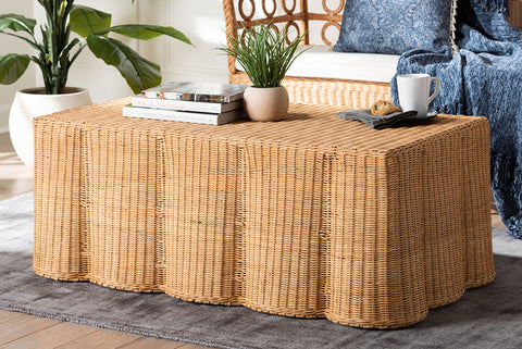 bali & pari Palm Scalloped Rattan Coffee Table - Handwoven Wicker Rectangle Accent Table for Living Room, Patio or Sunroom, Coastal Boho Style, Light Honey