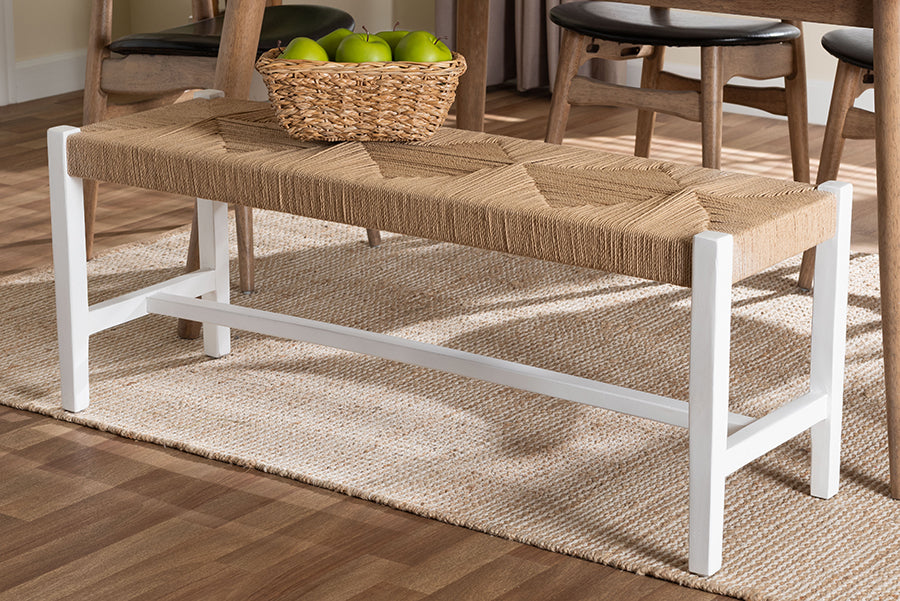 bali & pari Prita Woven Paper Loom Bench with Mahogany Wood Frame - Handcrafted Accent Seating for Dining Room or Entryway, White