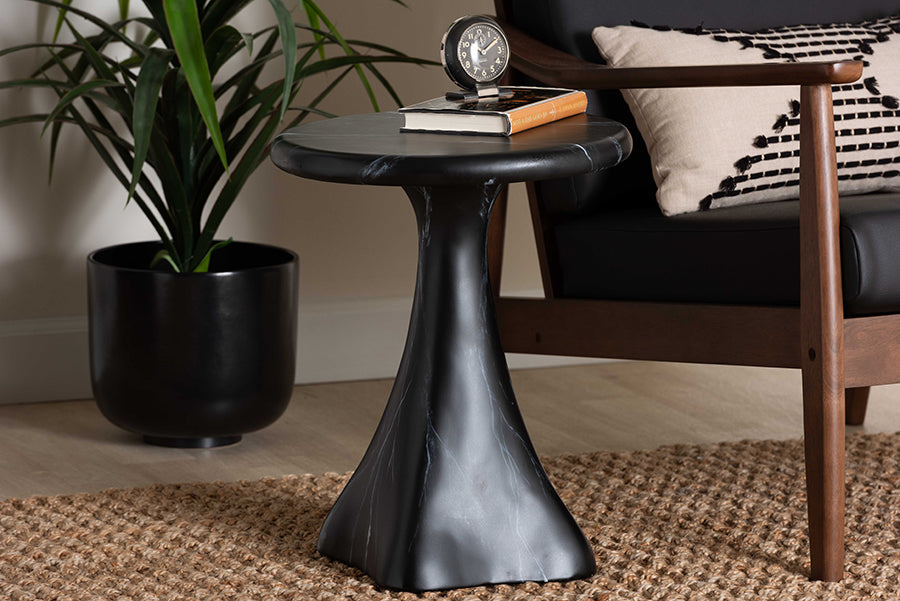 bali & pari Aponi Marbled Resin End Table - Sculptural Side Table with Round Top and Pedestal Base,  Modern Contemporary Statement Furniture, Black