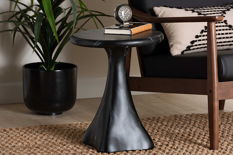 bali & pari Aponi Marbled Resin End Table - Sculptural Side Table with Round Top and Pedestal Base,  Modern Contemporary Statement Furniture, Black