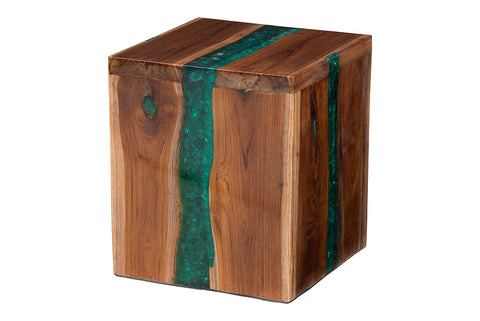bali & pari Anan Teak Wood Epoxy Resin End Table - Live Edge Cube Side Table, Handcrafted Modern Rustic Accent Table for Living Room or Bedroom, Cube