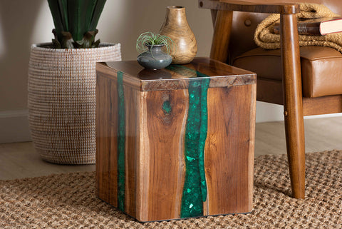 bali & pari Anan Teak Wood Epoxy Resin End Table - Live Edge Cube Side Table, Handcrafted Modern Rustic Accent Table for Living Room or Bedroom, Cube