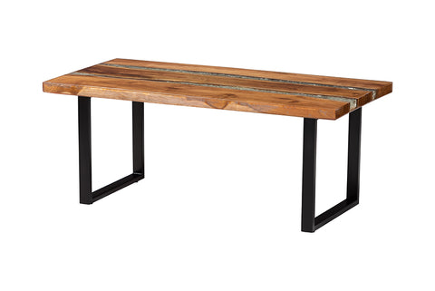 bali & pari Apio Wood Epoxy Resin Coffee Table with Glass Inlay - Rectangular Live Edge Teak wood Accent Table with Black Metal Base, Modern Rustic Centerpiece