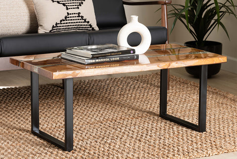 bali & pari Apio Wood Epoxy Resin Coffee Table with Glass Inlay - Rectangular Live Edge Teak wood Accent Table with Black Metal Base, Modern Rustic Centerpiece