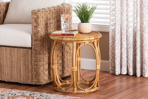 bali & pari Jayana Natural Rattan Round End Table - Handwoven Wicker Accent Table with Open Frame Base, Lightweight Coastal Boho Side Table for Living Room or Patio