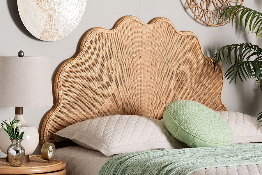 bali & pari Callias Natural Rattan Scalloped Headboard with Sunburst Weave – Coastal Boho Wicker Bed Backdrop for Bedroom Decor, Queen
