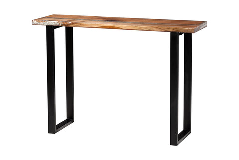 bali & pari Apio Wood Epoxy Resin Console Table with Glass Inlay - Rectangular Live Edge Teak Wood Accent Table with Black Metal Base, Modern Rustic Furniture for Living Room or Entryway